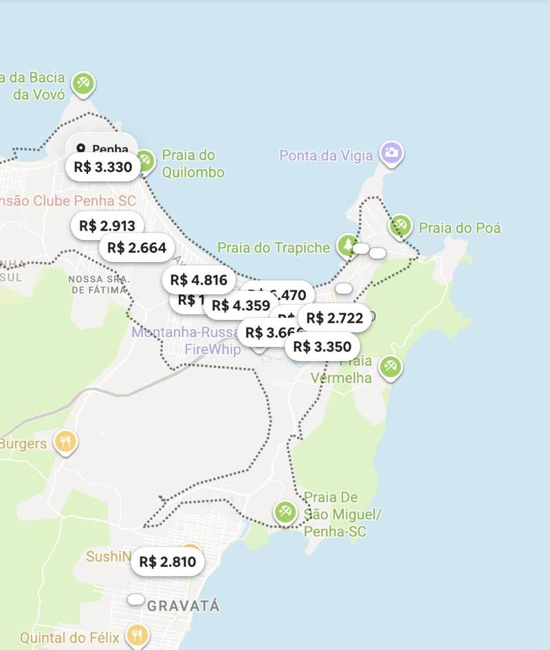 Mapa do Airbnb com valores de apartamentos de 2 quartos em Penha na alta temporada