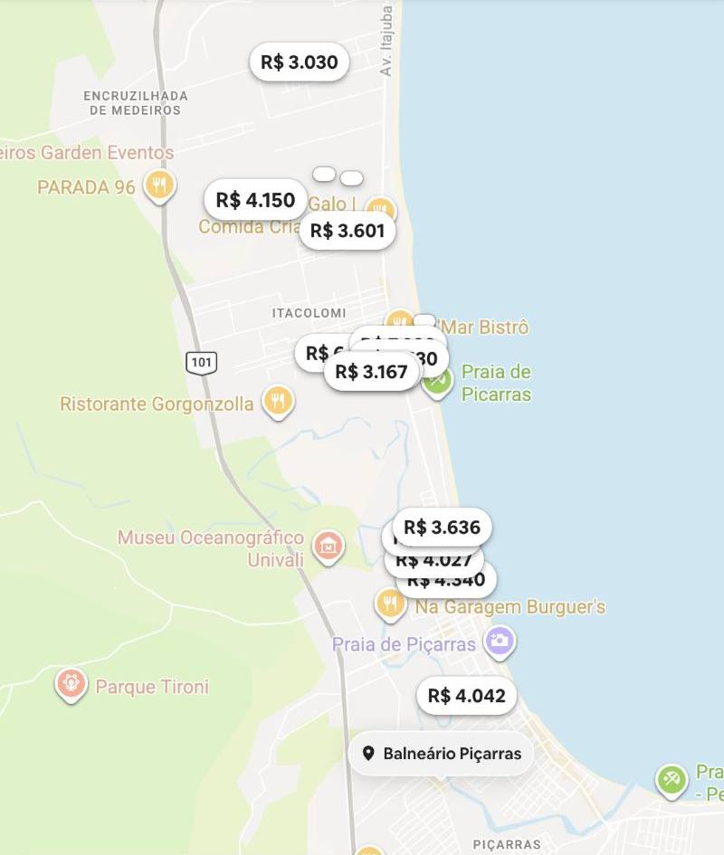 Mapa do Airbnb com valores de apartamentos de 2 quartos em Balneário Piçarras na alta temporada